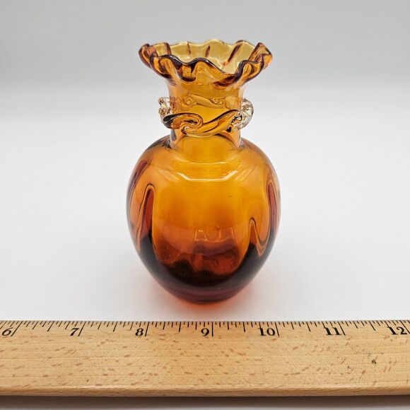 Pilgrim Glass Bud Vase Honey Amber Hand Blown Art Glass Ruffle Rim Vintage - Picture 9 of 10